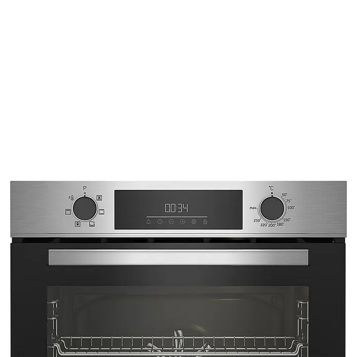 Beko Horno empotrado BBIE12300XD - Volumen horno: 72 l, Número de tipos de calentamiento: 6 ud. - Primer plano de un horno moderno con pantalla digital y dial de control de temperatura.