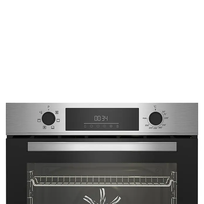 Beko Horno empotrado BBIE123001XD - Número de tipos de calentamiento: 6 ud., Volumen horno: 72 l - Primer plano de un horno moderno con pantalla digital y control de temperatura, mostrando su diseño elegante y su funcionalidad.