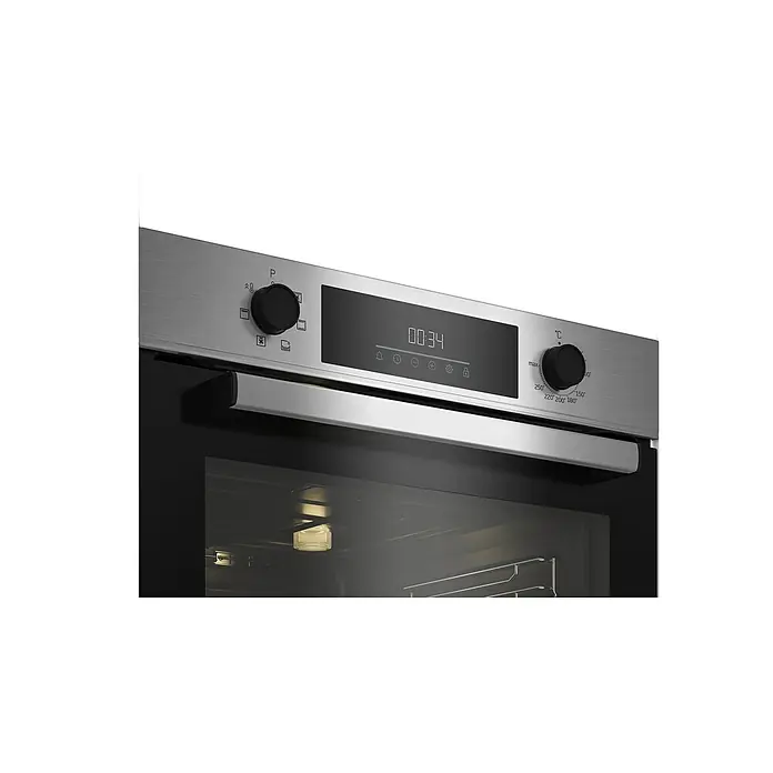 Beko Horno empotrado BBIE123001XD - Número de tipos de calentamiento: 6 ud., Volumen horno: 72 l - Primer plano de un horno plateado moderno con pantalla digital y mandos para ajustar la temperatura y las funciones.