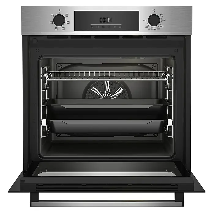Beko Horno empotrado BBIE123001XD - Número de tipos de calentamiento: 6 ud., Volumen horno: 72 l - Un horno moderno con detalles de acero inoxidable y pantalla digital. El interior está bien iluminado y equipado con accesorios.