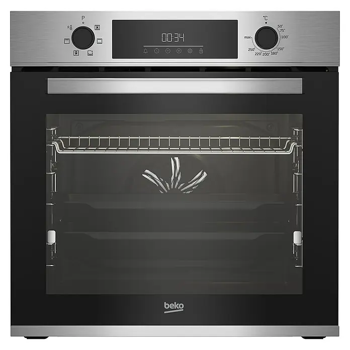 Beko Horno empotrado BBIE123001XD - Número de tipos de calentamiento: 6 ud., Volumen horno: 72 l - Primer plano de un horno Beko con frontal de acero inoxidable, pantalla digital y control de temperatura.