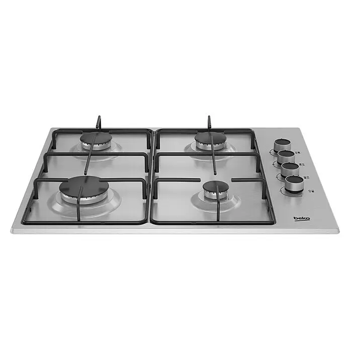 Beko Placa de cocción de gas HIGG 64103 SX - Acero inoxidable - Placa de cocción a gas de acero inoxidable con cuatro quemadores, soportes negros y controles laterales.