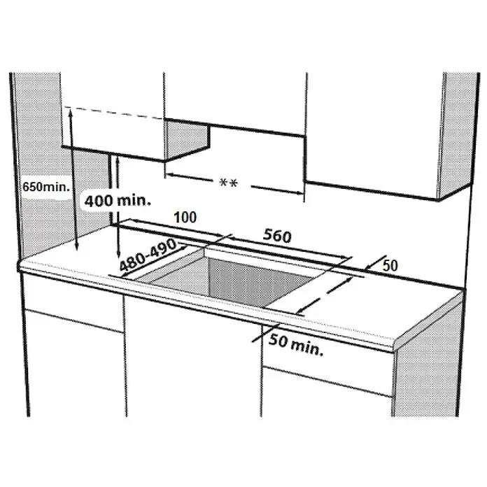 Beko Placa de cocción de gas HIGG 64103 SX - Acero inoxidable - Dibujo técnico que muestra las dimensiones de instalación de una encimera de cocina.