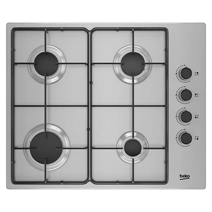 Beko Placa de cocción de gas HIGG 64103 SX - Acero inoxidable - Placa de cocción a gas Beko de acero inoxidable con cuatro quemadores y parrillas negras, con cuatro mandos de control a la derecha.