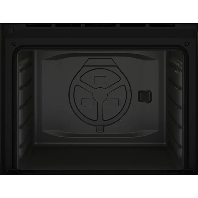 Beko Horno empotrado BBIC12100XD - Número de tipos de calentamiento: 4 ud., Volumen horno: 74 l - Vista interior de un horno en tonos oscuros, que muestra un diseño moderno con un elemento calefactor circular.