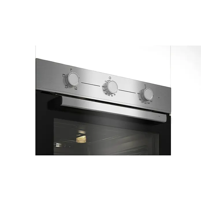 Beko Horno empotrado BBIC12100XD - Número de tipos de calentamiento: 4 ud., Volumen horno: 74 l - Primer plano de un horno empotrado de acero inoxidable, con mandos para la selección de temperatura y función, complementando un diseño de cocina moderno.