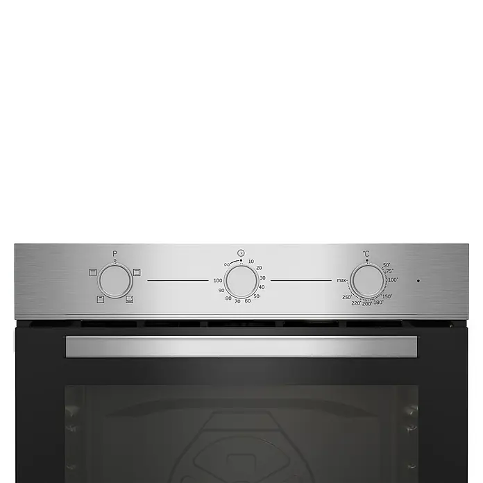 Beko Horno empotrado BBIC12100XD - Número de tipos de calentamiento: 4 ud., Volumen horno: 74 l - Primer plano de un horno plateado, mostrando los mandos de control de la temperatura que gestionan las funciones de cocción.