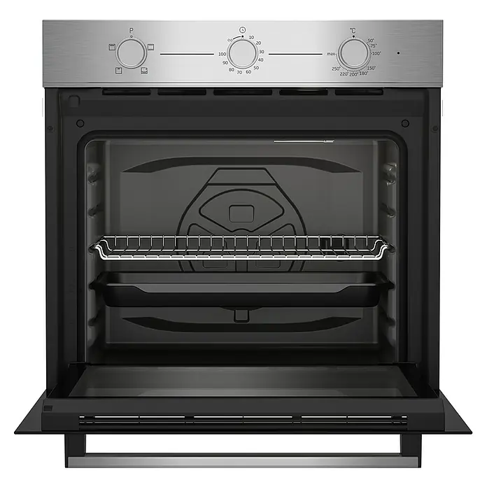 Beko Horno empotrado BBIC12100XD - Número de tipos de calentamiento: 4 ud., Volumen horno: 74 l - Horno empotrable con rejilla y bandeja para hornear. El interior del horno está bien iluminado, ofreciendo una visión clara del espacio de cocción.