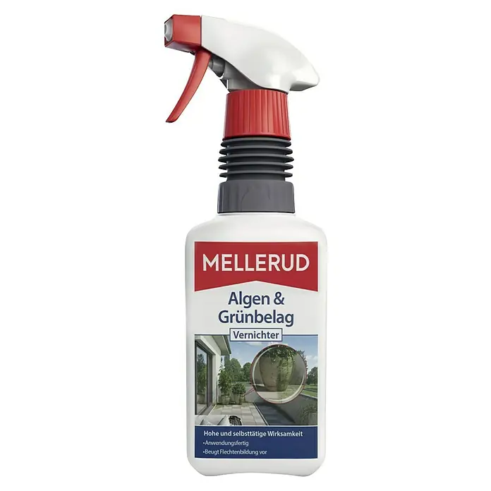 Mellerud Algen- & Grünbelagsentferner500 ml, Flasche mit Sprühpistole - Das Produkt ist ein Algizid und Grünbelagentferner von Mellerud in einer Sprühflasche, um Algen und Grünbeläge zu beseitigen.
