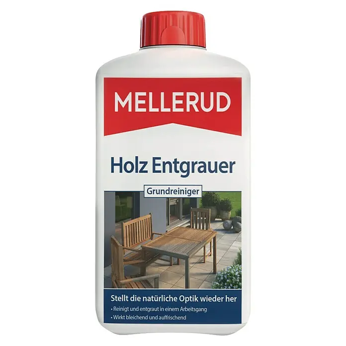 Mellerud Hartholz-Entgrauer - 1 l - Produktabbildung von MELLERUD Holz Entgrauer Grundreiniger, zur Reinigung und Aufhellung von vergrautem Holz im Außenbereich.