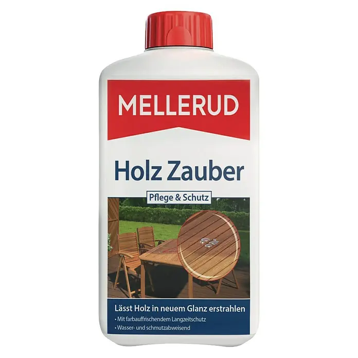 Mellerud Holz-Zauber Pflege und Schutz - 1 l, Flasche mit kindergesichertem Verschluss - Produktbild von Mellerud Holz Zauber, einer Holzpflege, die Holz neuen Glanz verleiht und es vor Wasser und Schmutz schützt.
