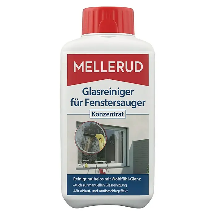 Mellerud Reinigungskonzentrat Glasreiniger für Fenstersauger - 500 ml, Flasche mit kindergesichertem Verschluss - Flasche Mellerud Glasreiniger für Fenstersauger, ein Konzentrat für mühelose und streifenfreie Reinigung mit Abperl- und Antibeschlageffekt.
