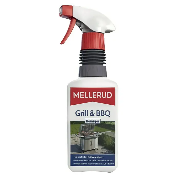 Mellerud Reinigungsmittel Grill & BBQ Reiniger - 460 ml - Eine Sprühflasche Mellerud Grill & BBQ Reiniger vor schwarzem Hintergrund.