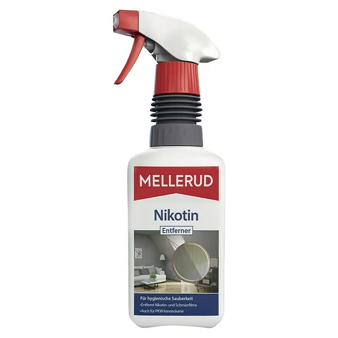 Mellerud Nikotin-Entferner500 ml, Flasche mit Sprühpistole - Produktbild eines MELLERUD Nikotin Entferner Sprays zur hygienischen Reinigung und Entfernung von Nikotin- und Schmierfilmen.