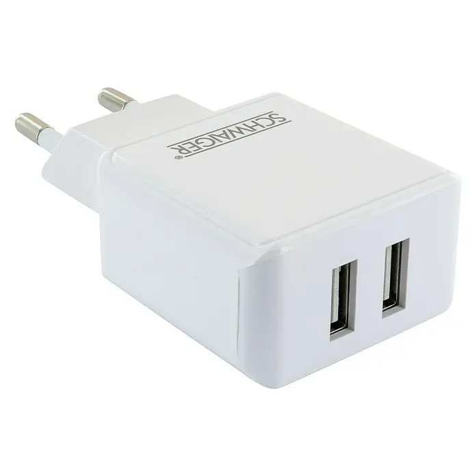 Schwaiger USB-Ladeadapter - Weiß, 2 x USB A-Kupplung, Euro-Stecker, 230 V - Abbildung eines weißen USB-Ladegeräts von Schwaiger mit zwei USB-Anschlüssen und Eurostecker für die Steckdose, ideal zum Laden von elektronischen Geräten.