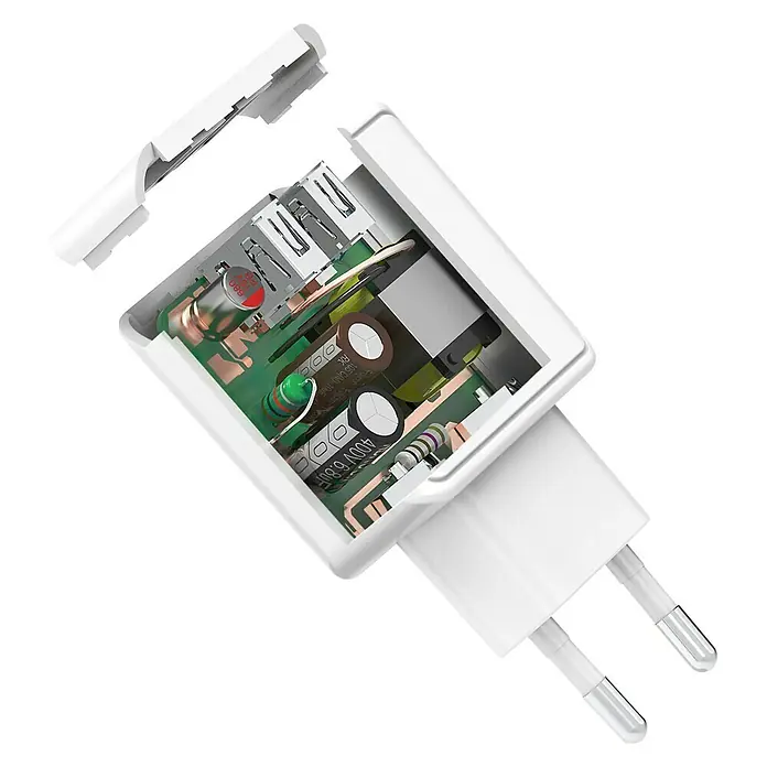 Schwaiger USB-Ladeadapter - Weiß, 2 x USB A-Kupplung, Euro-Stecker, 230 V - Weißer USB-Wandadapter mit offenem Gehäuse, der die internen Schaltkreise und Komponenten zeigt.
