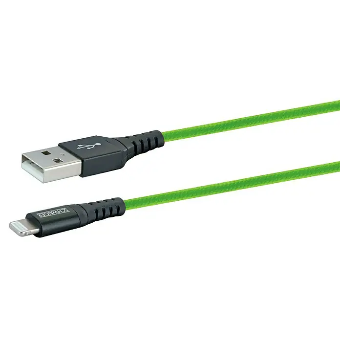 Schwaiger USB-Ladekabel - 1,2 m, USB A-Stecker, Lightning-Stecker, Giftgrün - Grünes USB-Kabel mit USB-A- und Lightning-Anschlüssen für Apple-Geräte zum Laden und zur Datenübertragung.