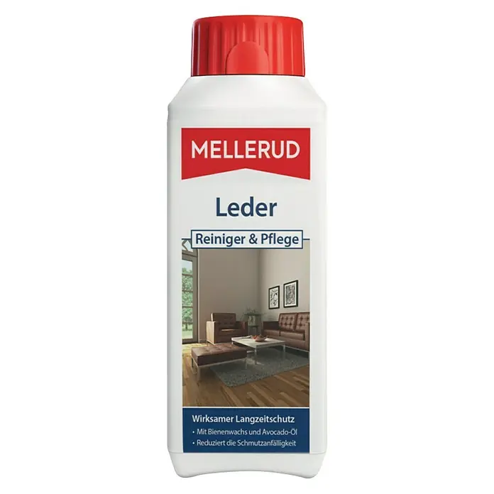 Mellerud Reinigungs- & Pflegemittel Leder - 250 ml, Flasche mit kindergesichertem Verschluss - Produktbild einer Flasche Mellerud Leder Reiniger & Pflege für die Reinigung und Pflege von Lederwaren.