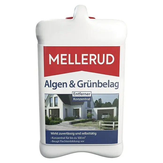 Mellerud Algen- & Grünbelagsentferner - 2,5 l, Kanister mit kindergesichertem Verschluss - Bild eines Mellerud Algen- und Grünbelagentferner Konzentrat, ideal für die effektive Reinigung von Außenbereichen und zur Vorbeugung von Flechten.