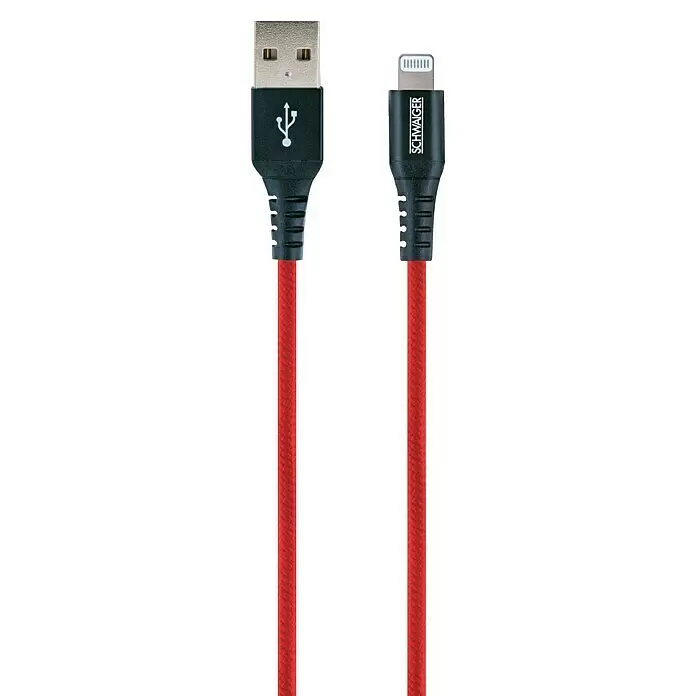 Schwaiger USB-Ladekabel - 1,2 m, USB A-Stecker, Lightning-Stecker, Feuerrot - Rotes geflochtenes USB-A-auf-Lightning-Kabel mit SCHWAIGER-Branding.