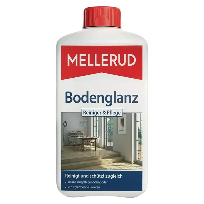Mellerud Reinigungs- & Pflegemittel Bodenglanz - 1 l, Flasche mit kindergesichertem Verschluss - Abbildung einer Flasche Mellerud Bodenglanz Reiniger und Pflege für saugfähige Steinböden, der Reinigt und schützt zugleich.