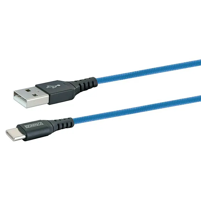 Schwaiger USB-Ladekabel - 1,2 m, USB A-Stecker, USB C-Stecker, Königsblau - Abbildung eines blauen SCHWAIGER USB-Kabels mit USB-A- und USB-C-Anschlüssen, ideal zum Aufladen und zur Datenübertragung.