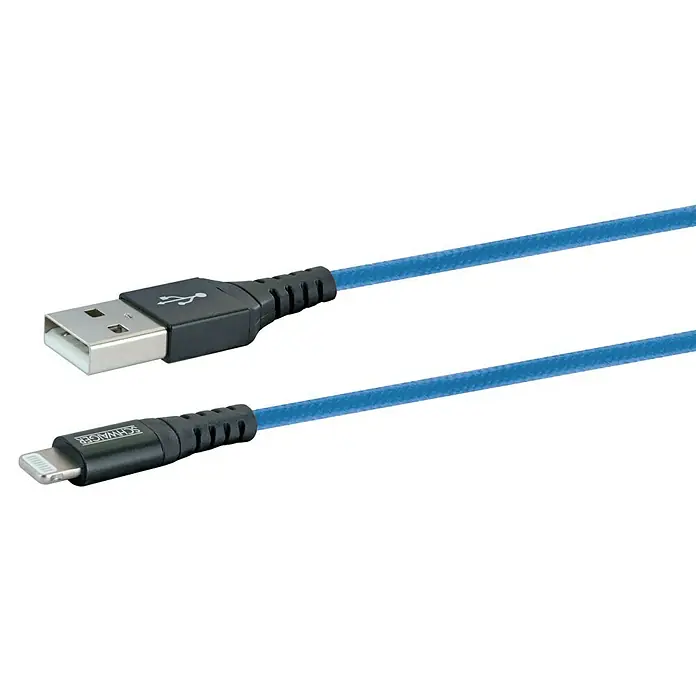 Schwaiger USB-Ladekabel - 1,2 m, USB A-Stecker, Lightning-Stecker, Königsblau - Blaues USB-auf-Lightning-Kabel mit schwarzen Anschlüssen, ideal zum Aufladen und zur Datenübertragung für Apple-Geräte.
