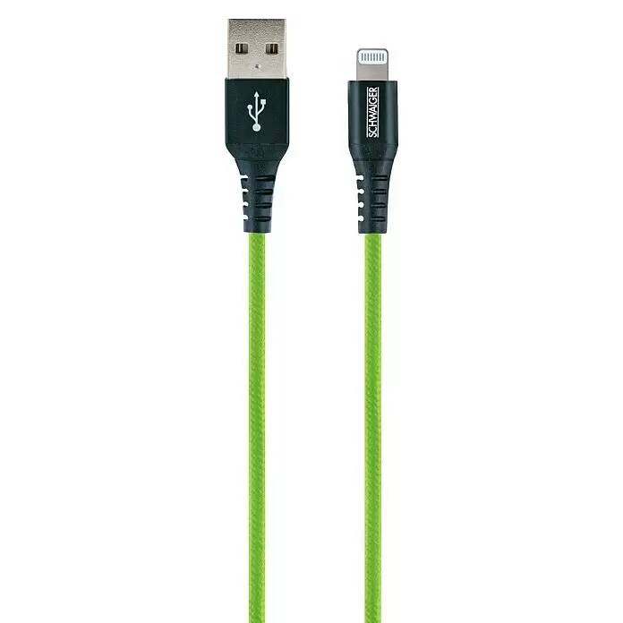 Schwaiger USB-Ladekabel - 1,2 m, USB A-Stecker, Lightning-Stecker, Giftgrün - Limettengrünes geflochtenes USB-auf-Lightning-Kabel mit schwarzen Steckern.