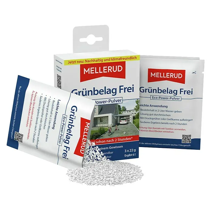 Mellerud Grünbelag-Entferner Grünbelag Frei Eco-Power-Pulver - 66 g - Das Bild zeigt Mellerud Grünbelag Frei, ein Eco-Power-Pulver zur Beseitigung von Grünbelag im Außenbereich.
