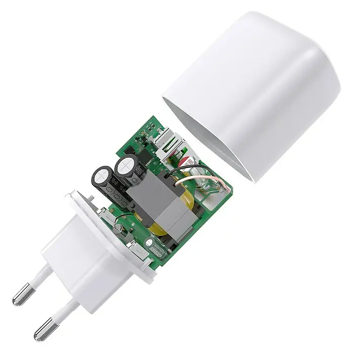 Schwaiger USB-Ladeadapter - Weiß, USB-A-Buchse, USB-C-Buchse, 230 V - Nahaufnahme eines zerlegten weißen Netzadapters, der die internen Schaltkreise und Komponenten zeigt.
