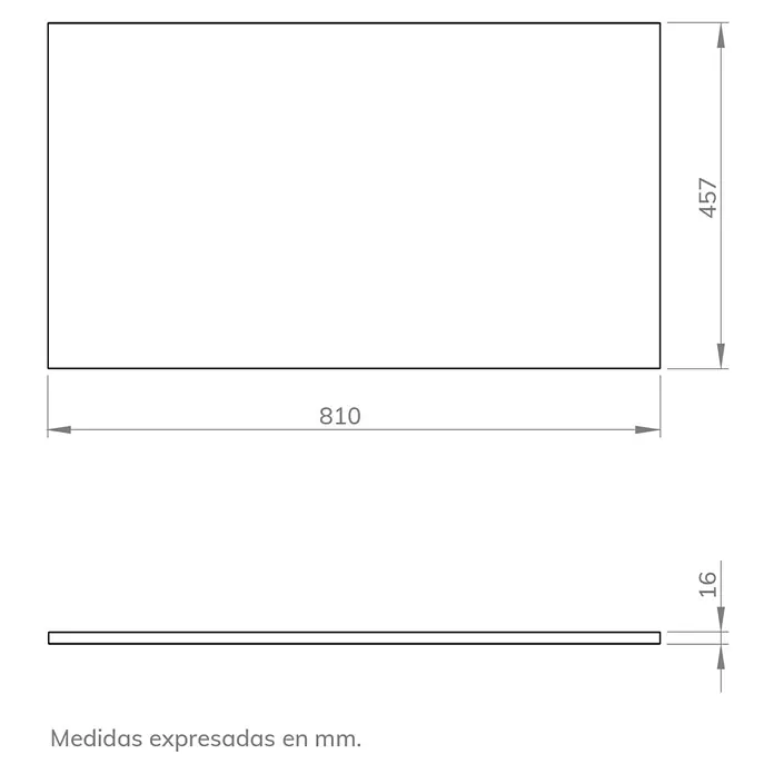 Artysan Encimera para lavabo Toja - 45,7 x 81 x 1,6 cm, Antracita - Dibujo técnico de un objeto rectangular, mostrando dimensiones de 810 x 457 x 16 mm.