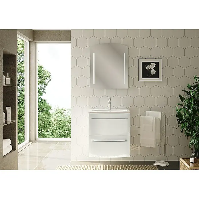 Camargue Swing Badmöbel-Set SW610W - Gesamtbreite Badmöbel: 60 cm, Weiß, Hochglänzend, 3 -tlg. - Badezimmer mit einem modernen Waschtisch und beleuchtetem Spiegel, der Funktionalität und Stil vereint.