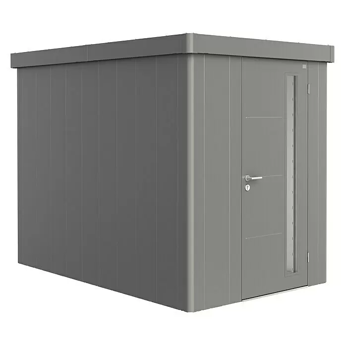 Biohort Neo Gerätehaus Neo 3A - Außenbreite inkl. Dachüberstand: 180 cm, Außentiefe inkl. Dachüberstand: 292 cm, Stahl, Quarzgrau-Metallic - Moderner grauer Geräteschuppen aus Metall mit Tür und schmalem Fenster.