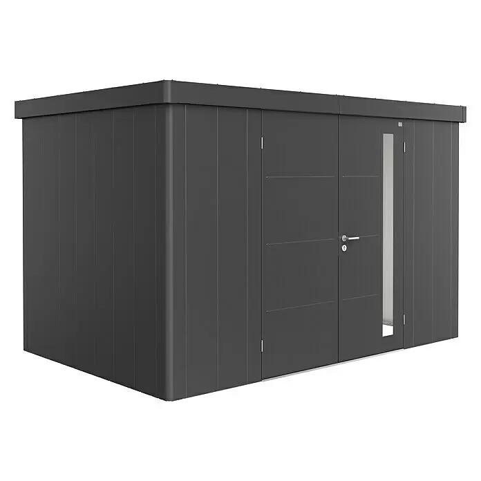 Biohort Neo Gerätehaus Neo 2D - Außenbreite inkl. Dachüberstand: 348 cm, Außentiefe inkl. Dachüberstand: 236 cm, Stahl, Dunkelgrau-Metallic, Doppeltür - Modernes dunkelgraues Gartenhaus mit Flachdach, Doppeltüren, eine davon mit vertikalem Fenster und silbernem Griff.
