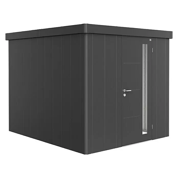 Biohort Neo Gerätehaus Neo 3B - Außenbreite inkl. Dachüberstand: 236 cm, Außentiefe inkl. Dachüberstand: 292 cm, Stahl, Dunkelgrau-Metallic, Einzeltür - Modernes dunkelgraues Gartenhaus mit Tür, Griff und vertikalem Fensterstreifen.