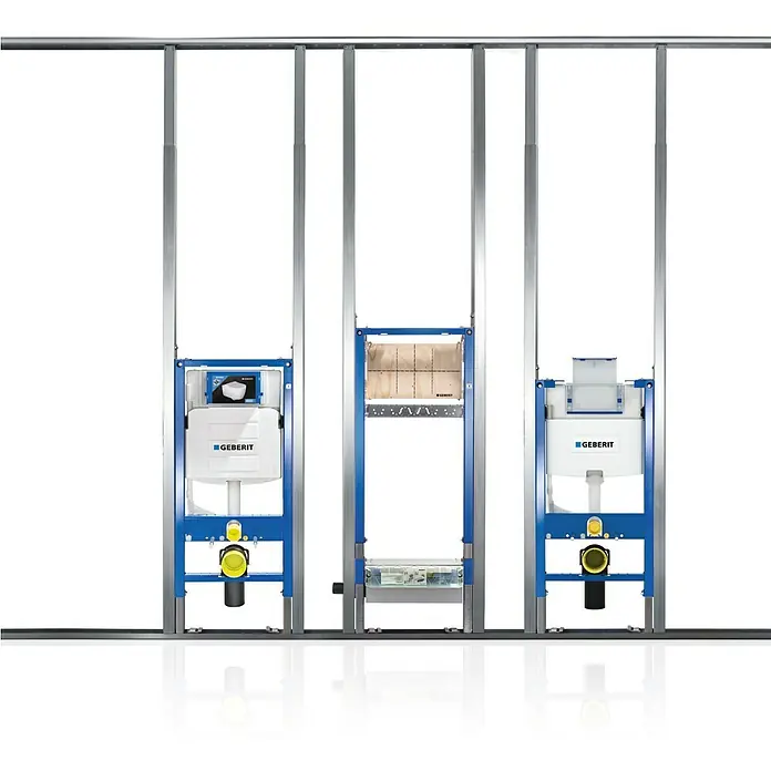 Geberit Unterputz-Spülkasten Kombifix Plus UP320 - 110.300.00.5 - 2-Mengen-Spülung, 12 x 42 x 76 cm - Drei Geberit Installationssysteme vor schwarzem Hintergrund. Sie sind in blauen Rahmen mit silbernen Trägern montiert.
