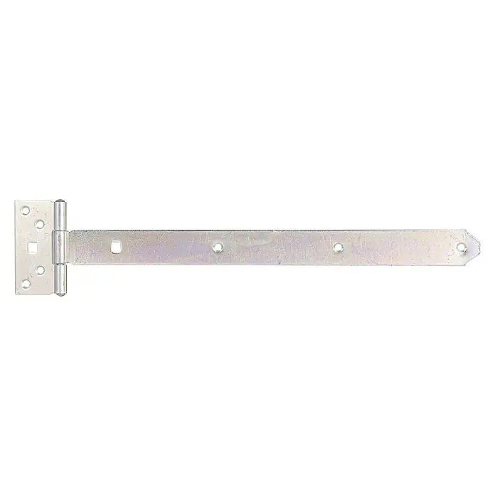 Stabilit Kreuzgehänge - B x L: 90 x 450 mm, Maße Band: 400 x 33 mm - Ein verzinktes T-Scharnier mit Löchern für Schrauben ist auf einem schwarzen Hintergrund befestigt und für den Einsatz vorbereitet.