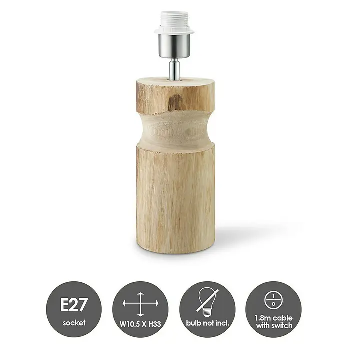 Home Sweet Home Lampenfuß Bodo - 40 W, Farbe: Braun, Höhe: 30 cm - Nahaufnahme einer stilvollen Tischleuchte mit Holzfuß und Metallelementen. Eine E27 Fassung, 1,8m Kabel und die Info 'Leuchtmittel nicht inkl.' sind angegeben.