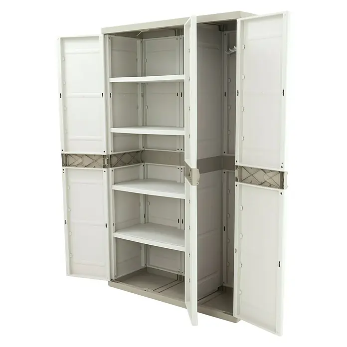 Plastiken Titanium Armario multiusos de plástico - L x An x Al: 44 x 105 x 176 cm, Número de puertas: 3 ud., Beige - Armario de plástico blanco con puertas abiertas y estantes. Solución de almacenamiento práctica para el hogar.