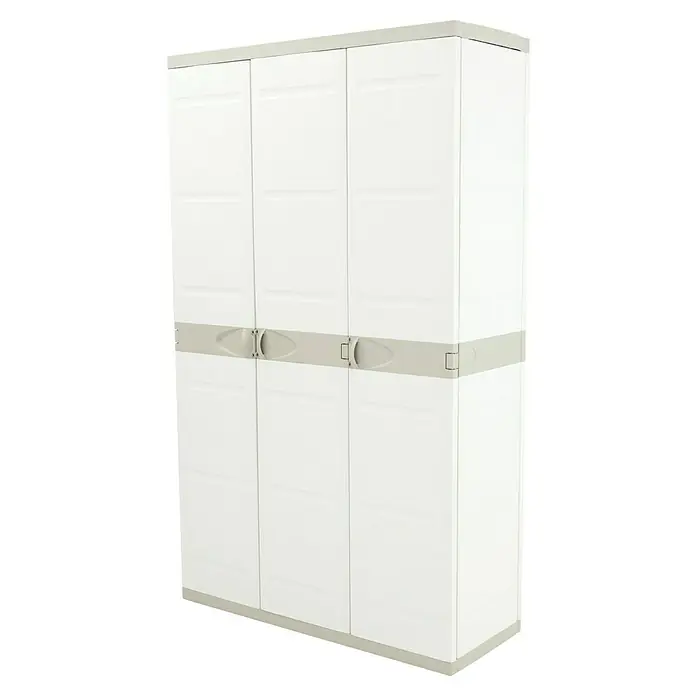 Plastiken Titanium Armario multiusos de plástico - L x An x Al: 44 x 105 x 176 cm, Número de puertas: 3 ud., Beige - Un armario blanco de plástico de tres puertas con detalles grises, ideal para almacenamiento adicional y mantener los objetos organizados.