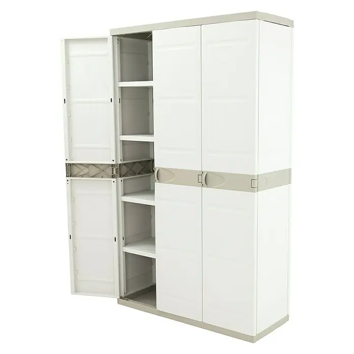 Plastiken Titanium Armario multiusos de plástico - L x An x Al: 44 x 105 x 176 cm, Número de puertas: 3 ud., Beige - Imagen de un armario de almacenamiento de plástico blanco con estanterías abiertas en un lado y puertas cerradas.
