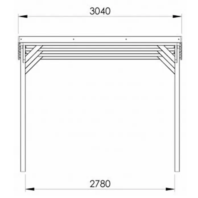 Cerland Carport Jean - Medidas ext. (An x Pr): 304 x 511 cm, Carport adecuado para: Turismos - Dibujo esquemático de una pérgola de madera con dimensiones. El ancho total es de 3040 mm y la profundidad es de 2780 mm.