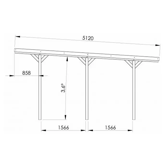 Cerland Carport Jean - Medidas ext. (An x Pr): 304 x 511 cm, Carport adecuado para: Turismos - Dibujo técnico de un carport con medidas de longitud, altura y ángulos. Perfecto para construcción y planificación.