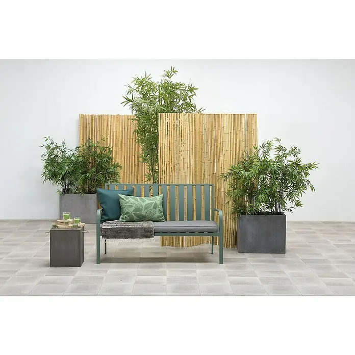 Banco de jardín Bruno - An x Pr x Al: 150 x 68 x 90 cm, Verde - Elegante banco de jardín con cojines y elementos decorativos como bambú y plantas. Perfecto para relajarse al aire libre.