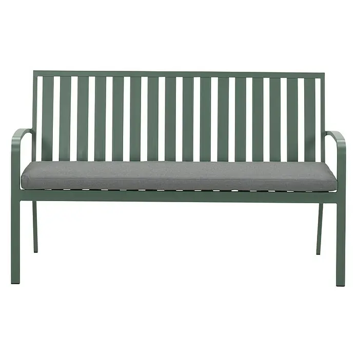 Banco de jardín Bruno - An x Pr x Al: 150 x 68 x 90 cm, Verde - Banco de jardín verde con cojín de asiento gris. Ideal para la relajación al aire libre, este banco ofrece confort y estilo a cualquier jardín.