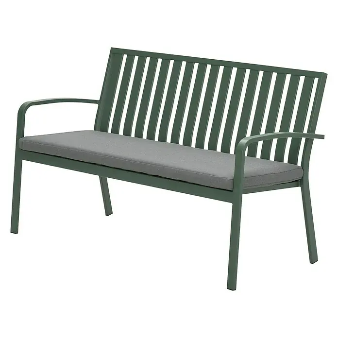 Banco de jardín Bruno - An x Pr x Al: 150 x 68 x 90 cm, Verde - Banco de jardín verde con cojín de asiento gris. El banco tiene un respaldo de listones y reposabrazos.