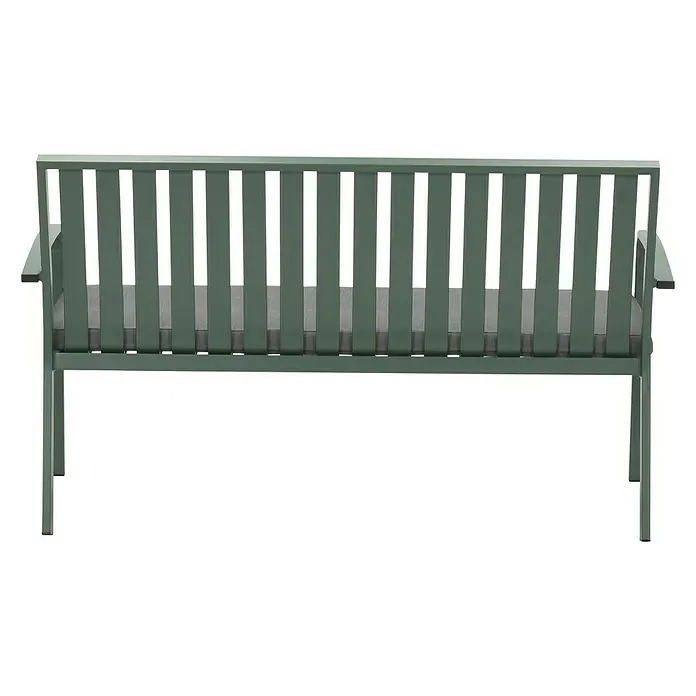 Banco de jardín Bruno - An x Pr x Al: 150 x 68 x 90 cm, Verde - La imagen muestra un banco de jardín verde de madera y metal desde atrás. Tiene un respaldo con listones verticales y reposabrazos a los lados.