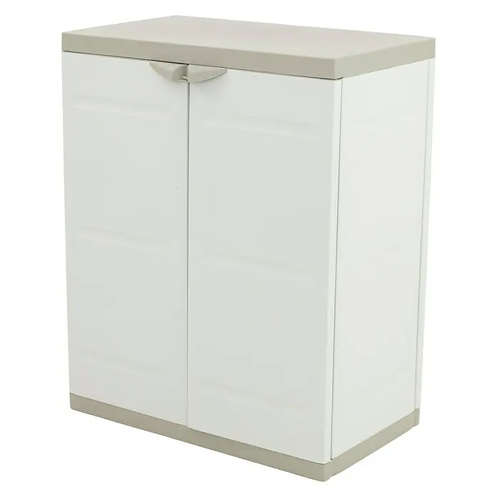 Plastiken Titanium Armario multiusos de plástico  bajo - L x An x Al: 44 x 70 x 88 cm, Beige - Armario de dos puertas en blanco y gris. Práctico armario de almacenamiento para interiores y exteriores.