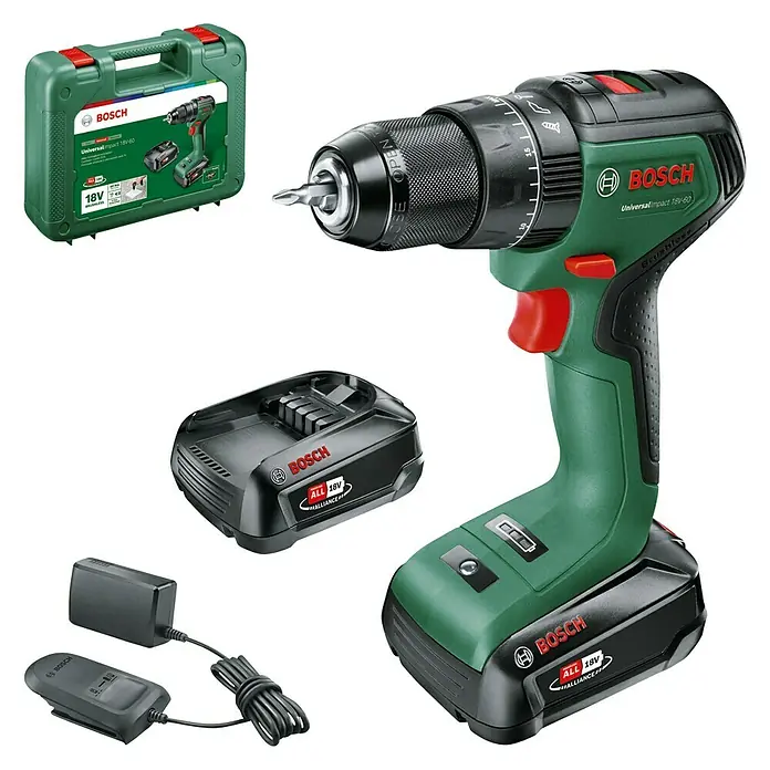 Bosch Power for All 18V Akku-Bohrschrauber UniversalDrill 18V-60 - 18 V, 2 Akkus, 60 Nm - Das Bosch UniversalImpact 18V-60 Akku-Bohrschrauber-Set mit Zubehör, ideal für Heimwerkerprojekte.
