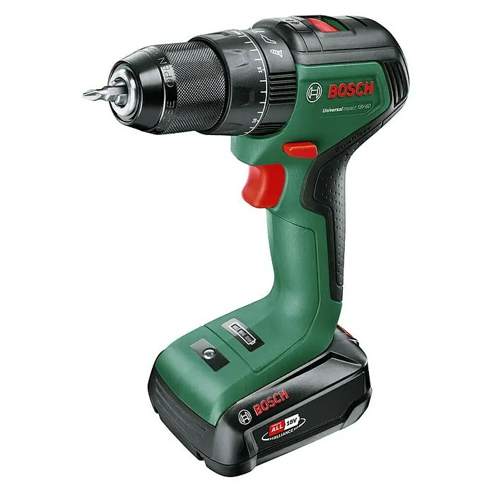 Bosch Power for All 18V Akku-Schlagbohrschrauber UniversalImpact 18V-60 - 18 V, 1 Akku, 2 Ah, 60 Nm - Abbildung eines Akku-Bohrschraubers von Bosch, Modell UniversalImpact 18V-60, für Schraub- und Bohrarbeiten.